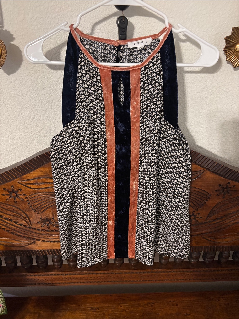 THML Navy Printed Halter Camisole with Rust Velvet Trim
